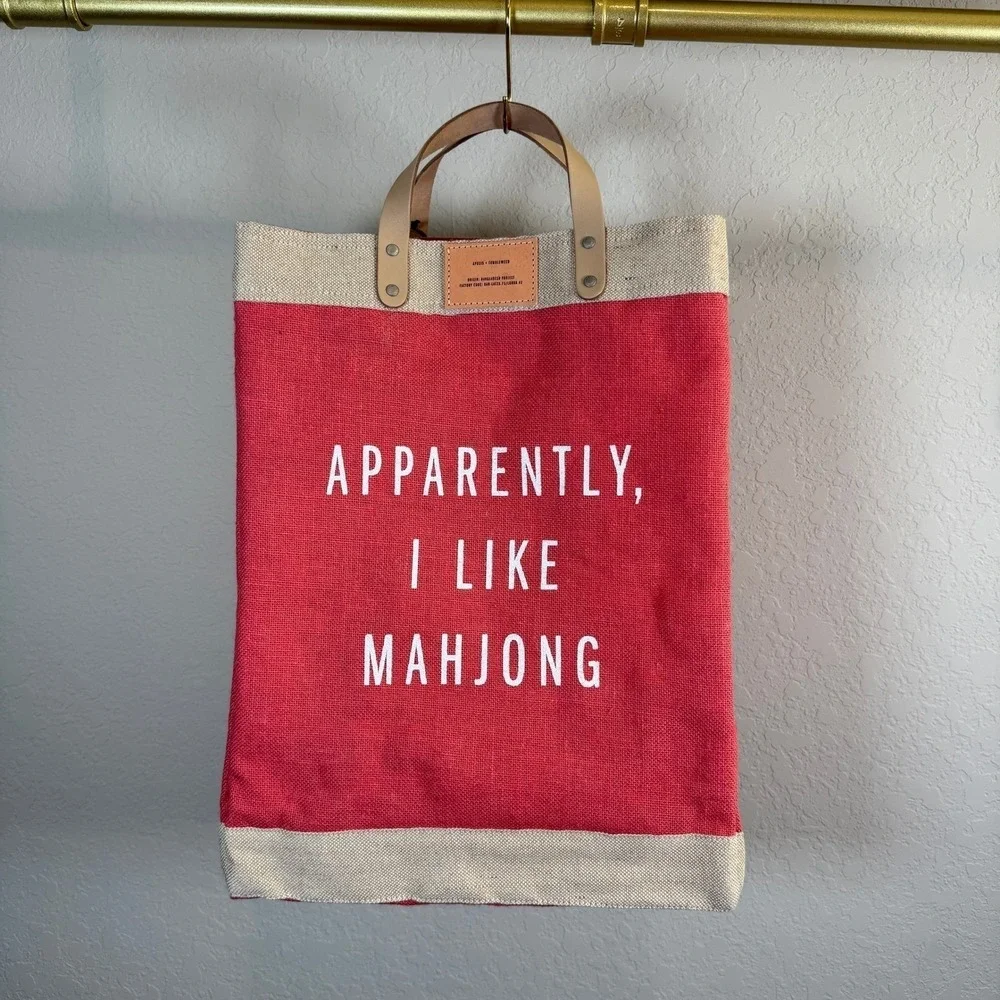 Apolis Red Jute Market Bag Apparently I Like Mahjong Leather Handle Tote NWT